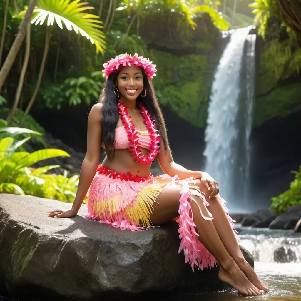 Prompt: Beautiful black woman with extra long hair smiling and poses with pink and red leis and yellow straw hula sitting on a rock in front of a Hawaiian waterfall 