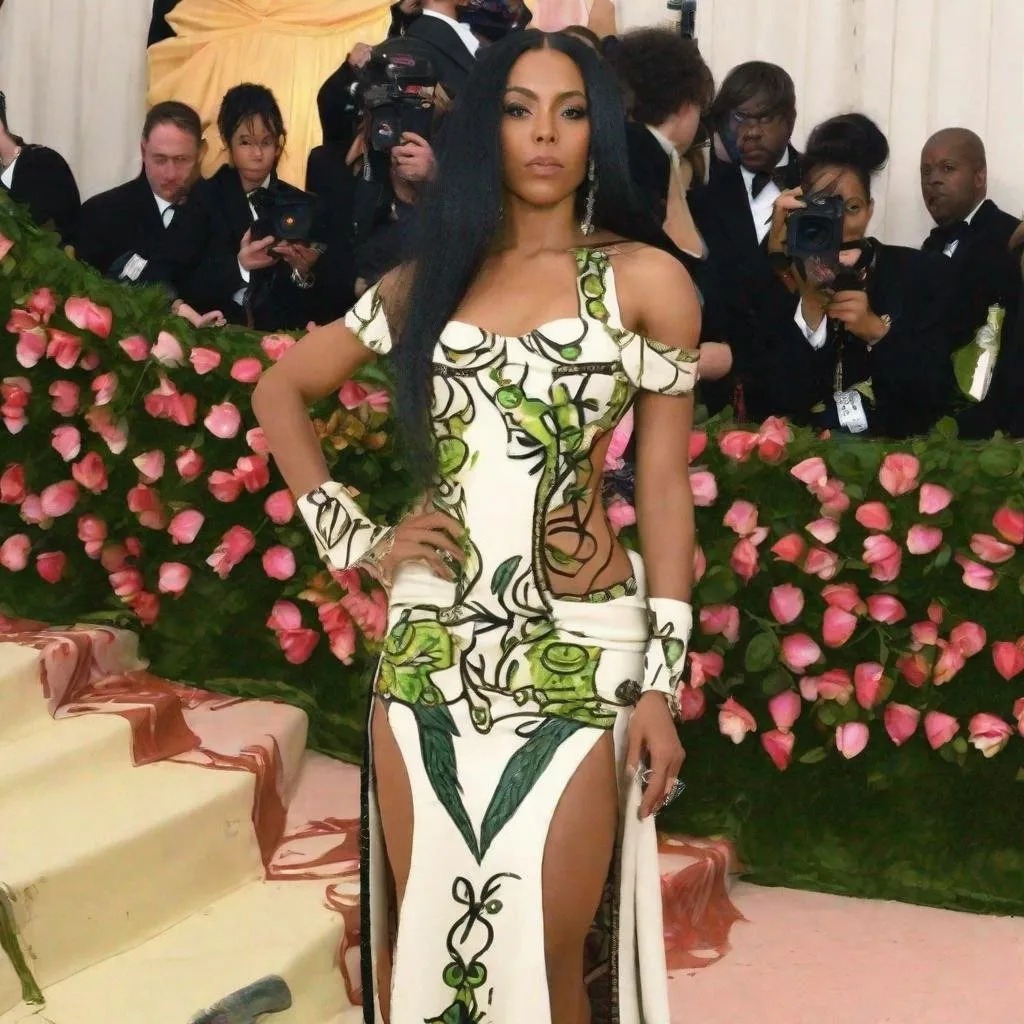 Prompt: Aaliyah posing wearing an African inspired flower vine dress at the MET GALA 