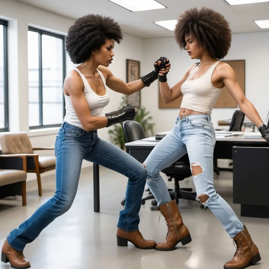 Prompt: Beautiful black woman with an Afro in a white tank top and denim jeans and biker boots sword fighting with a Latino man in beige tailored suit in an office 