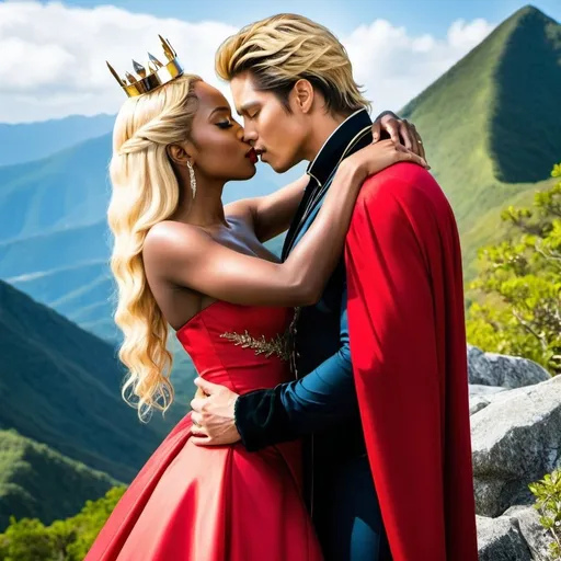 Prompt: Gackt kissing a beautiful black woman with blonde hair and golden crown wearing a red dress on a mountaintop romance novel style 