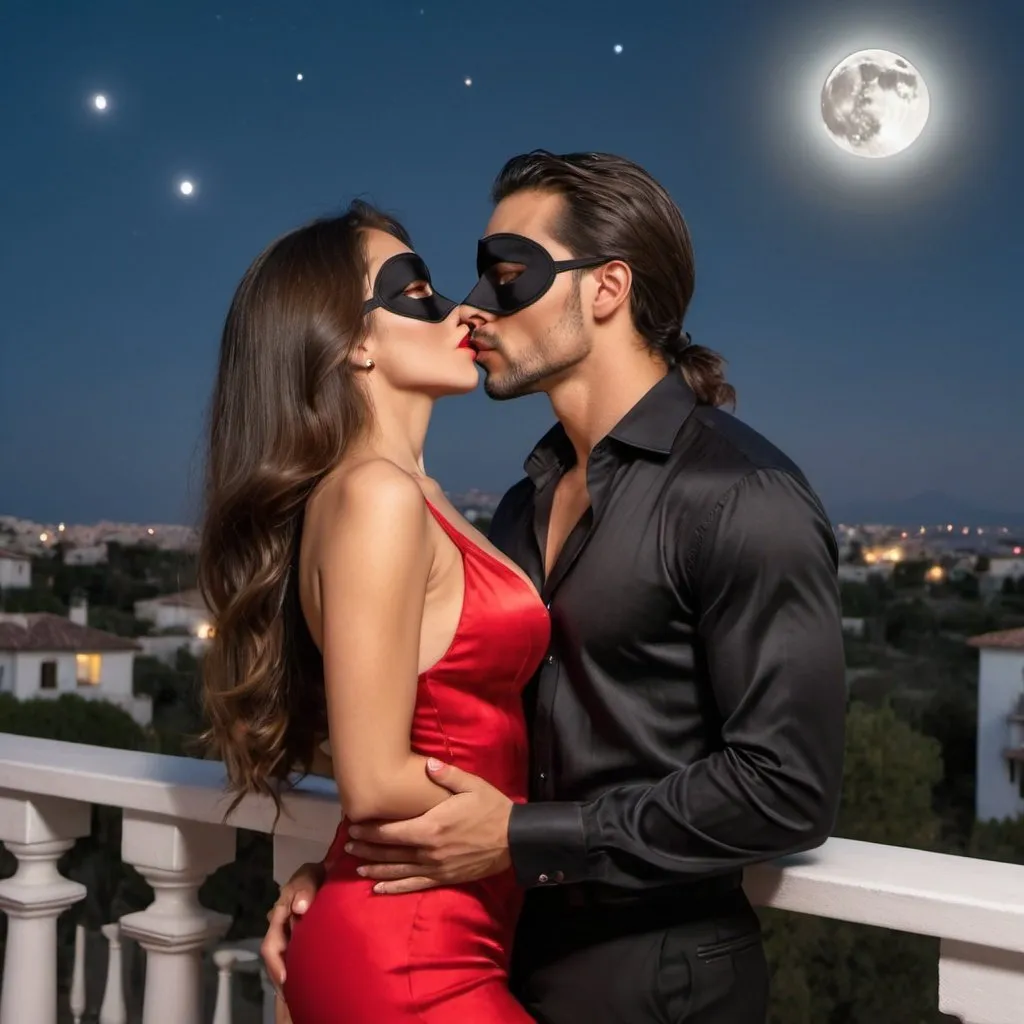 Prompt: Beautiful Latina with long brown hair in a red silk dress and black stilettos kissing a handsome Latino man in a black eye mask, black open blouse and black pants on a villa balcony on a full moon 