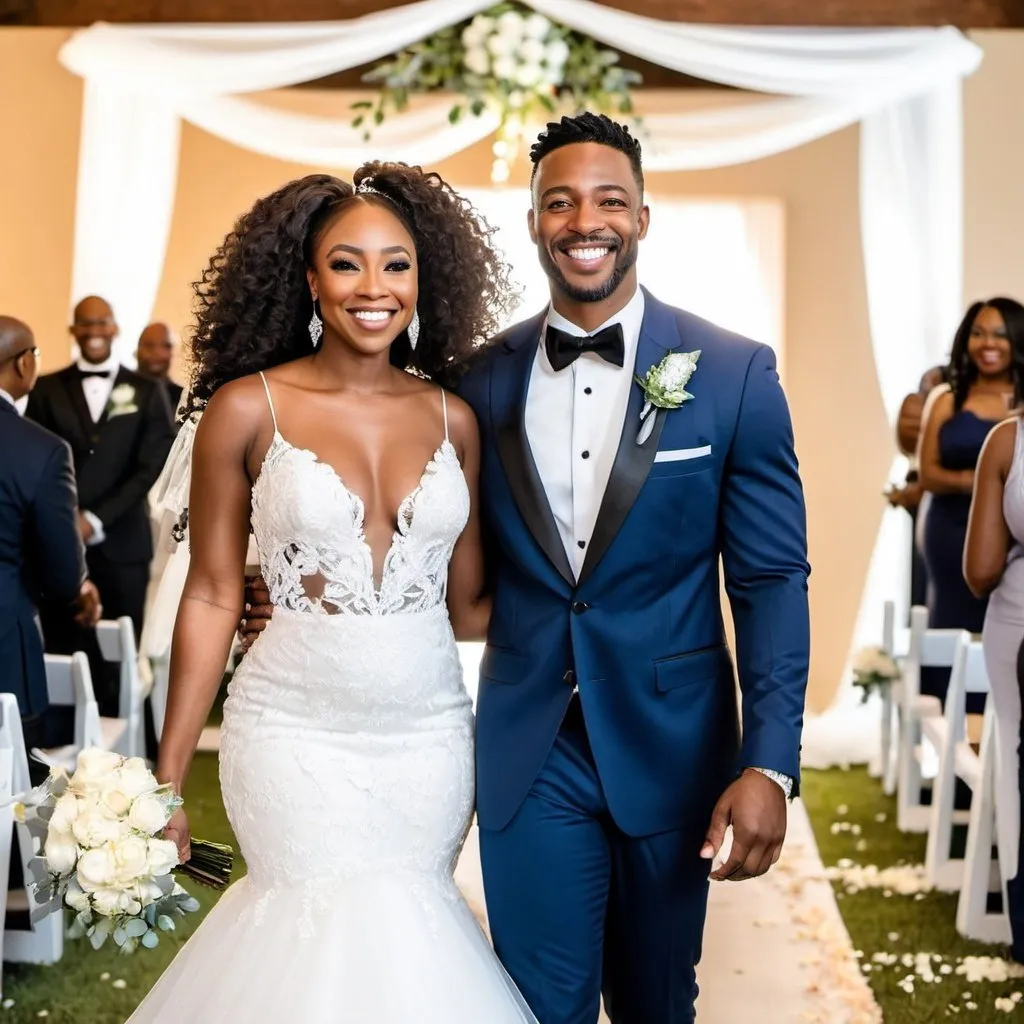 Prompt: Beautiful black woman smiling in wedding dress with her handsome husband smiling happily down the aisle 