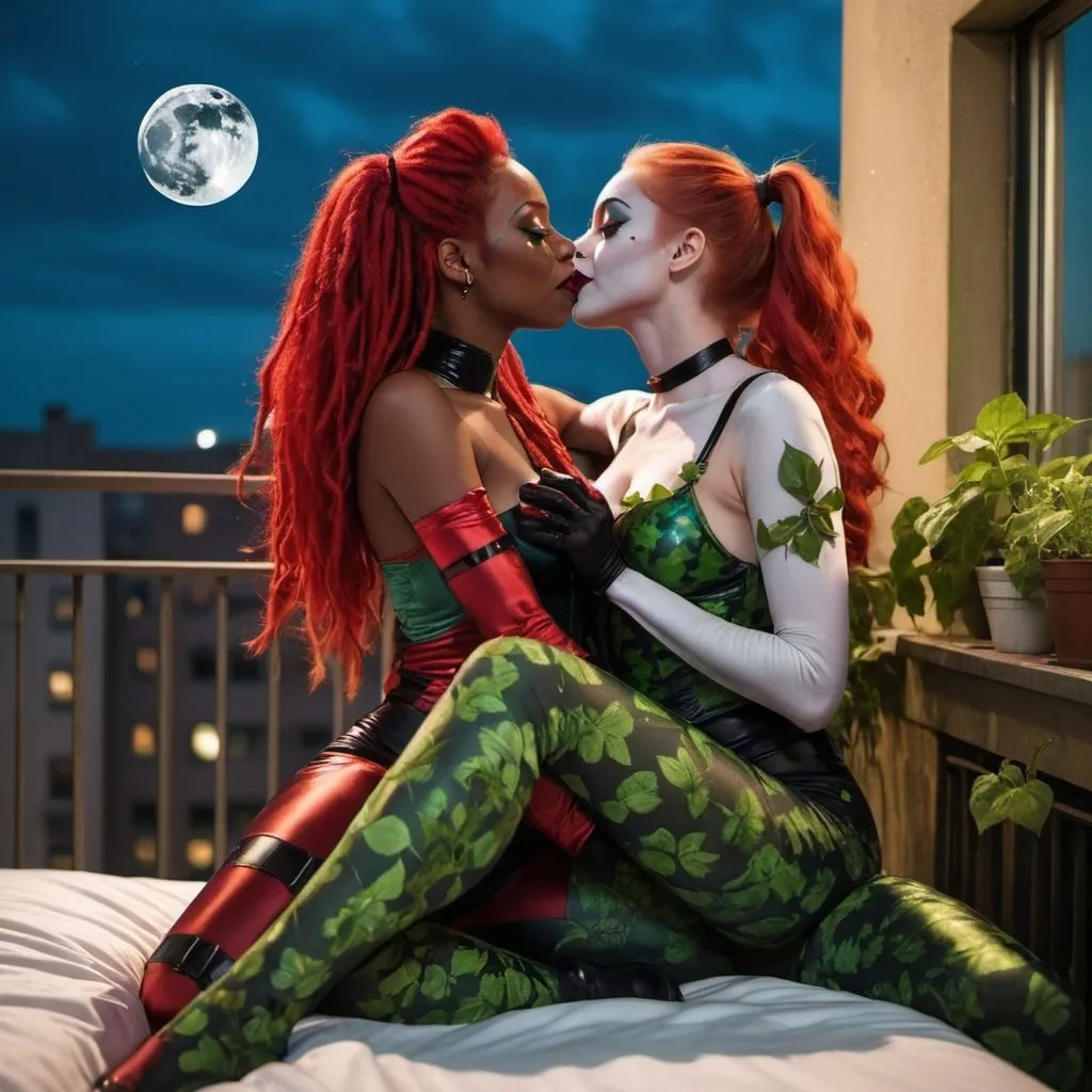 Prompt: Black woman as poison ivy red locs with plant stems on her body kissing Harley Quinn on a balcony with the full moon behind them in a silk sheet in bed.