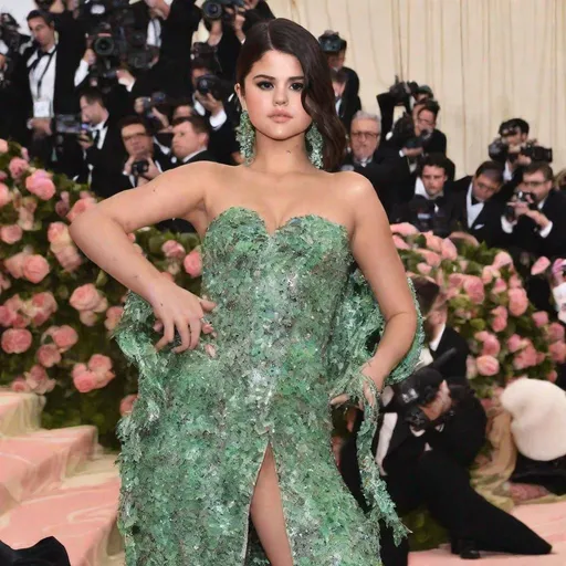 Prompt: Selena Gomez posing wearing a sequin vine dress at the MET GALA red carpet 