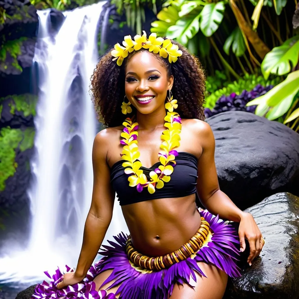 Prompt: Beautiful black woman smiling, eye winks and poses with purple and yellow leis chest out and hula laying attractively on a rock in front of a Hawaiian waterfall 