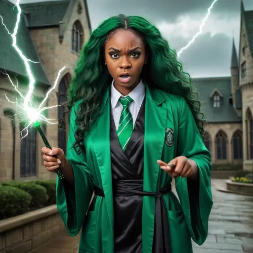 Prompt: Beautiful black woman wearing a slytherin robe , green tie, green long hair and holding a magic wand angrily with lightning coming out outside of hogwarts 