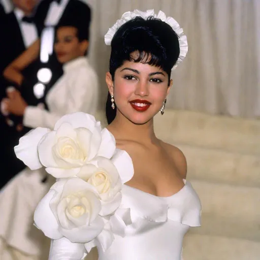 Prompt: Selena Quintanilla posing on the MET GALA red carpet wearing a silky white dress with white rose petals 