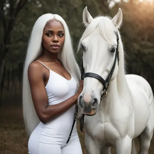 Prompt: Beautiful black woman with white long hair with a silver horse