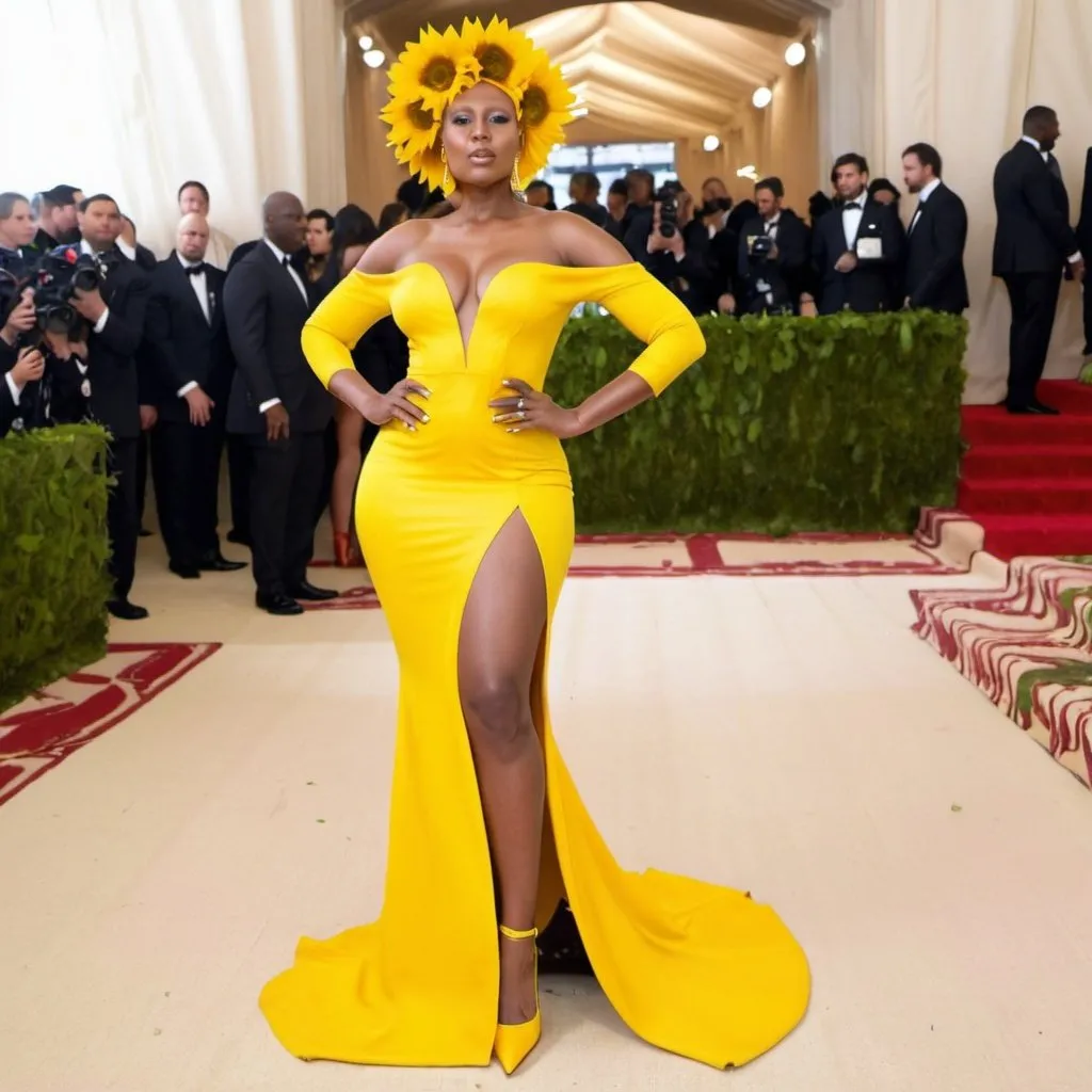 Prompt: Bald Beautiful black woman posing at the MET GALA red carpet in a sunflower inspired wearing yellow stilettos 