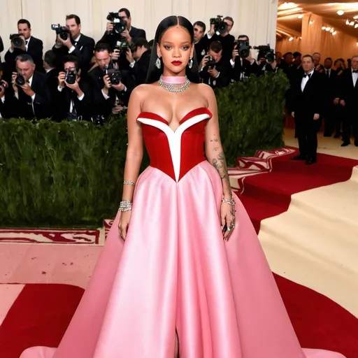 Prompt: Rihanna posing wearing a pink and red tulip inspired dress at the MET GALA red carpet 