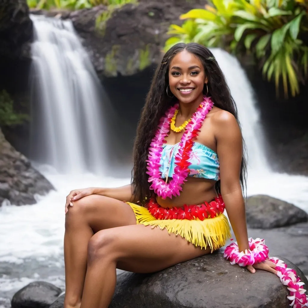 Prompt: Beautiful black woman with extra long hair smiling and poses with pink and red leis and yellow straw hula sitting on a rock in front of a Hawaiian waterfall 