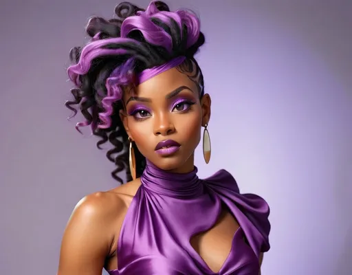 Prompt: Beautiful black woman with a Purple mullet , in a purple silk dress 
