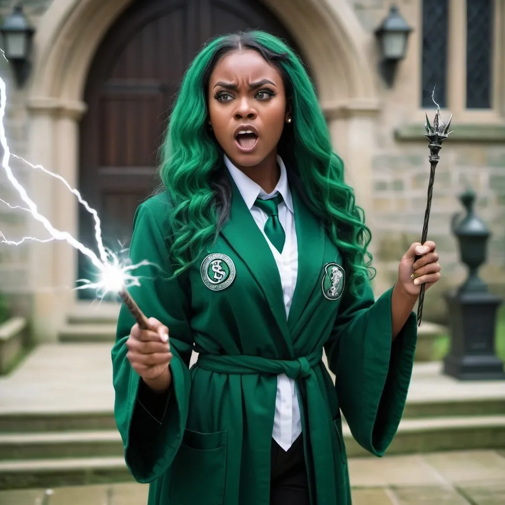 Prompt: Beautiful black woman wearing a slytherin robe , green tie, green long hair and holding a magic wand angrily with lightning coming out outside of hogwarts 