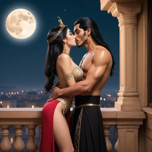 Prompt: <mymodel> Jasmine lustfully and kissing Jafar  Realistic on palace balcony at night full moon reality 