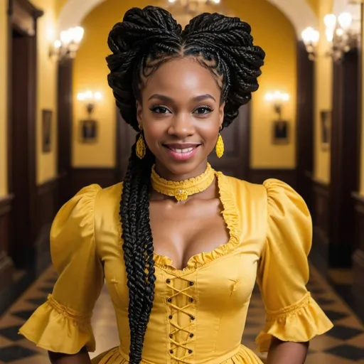 Prompt: Beautiful black woman smirking with Senegalese twists wearing a yellow Victorian dress in castle foyer