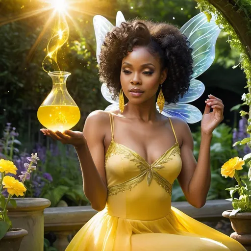Prompt: Beautiful black woman as a fairy wearing a yellow dress, conjuring a molten glass in a garden 