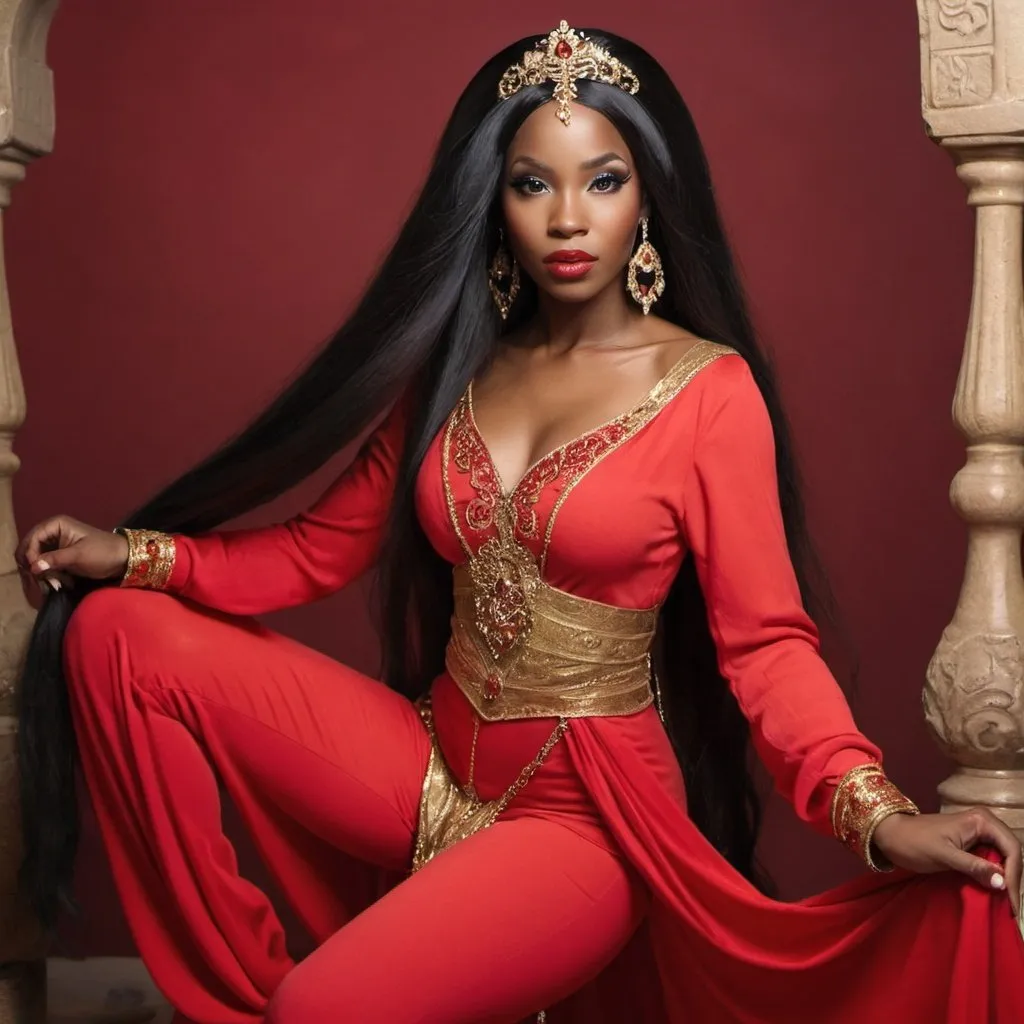 Prompt: Beautiful black woman with very long hair dressed as Jasmine in red clothes 