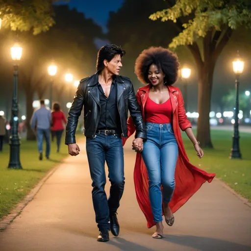 Prompt: Shahrukh Khan in white shirt and blue jeans running holding hands lovingly a beautiful black woman smiling with an afro in a black leather jacket and red maxi dress in park at night 