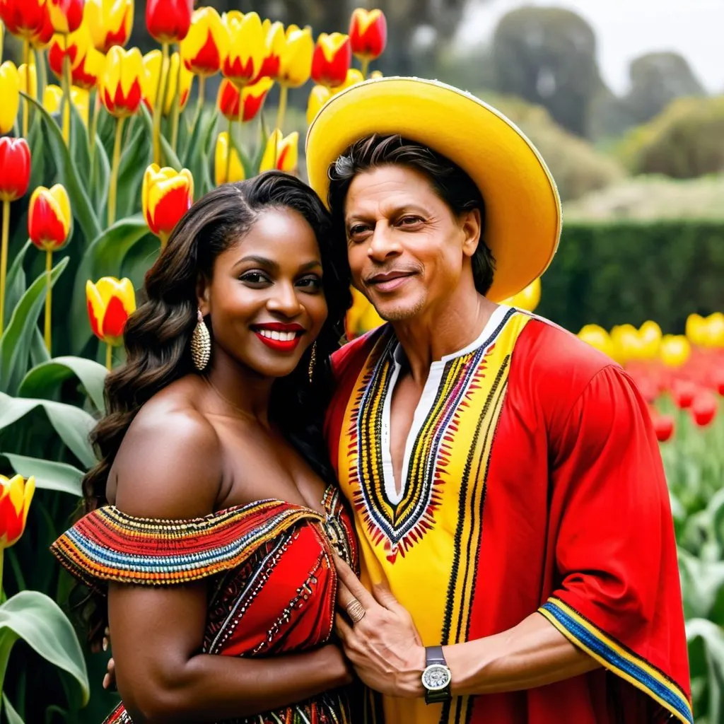 Prompt: Shahrukh Khan lovingly holding a beautiful dark skin black woman smiling coyly with a red zulu hat wearing a red dashiki dress in a yellow tulip filled garden.