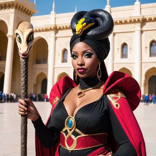 Prompt: A beautiful black woman dressed as Jafar with a snake staff outside the palace 