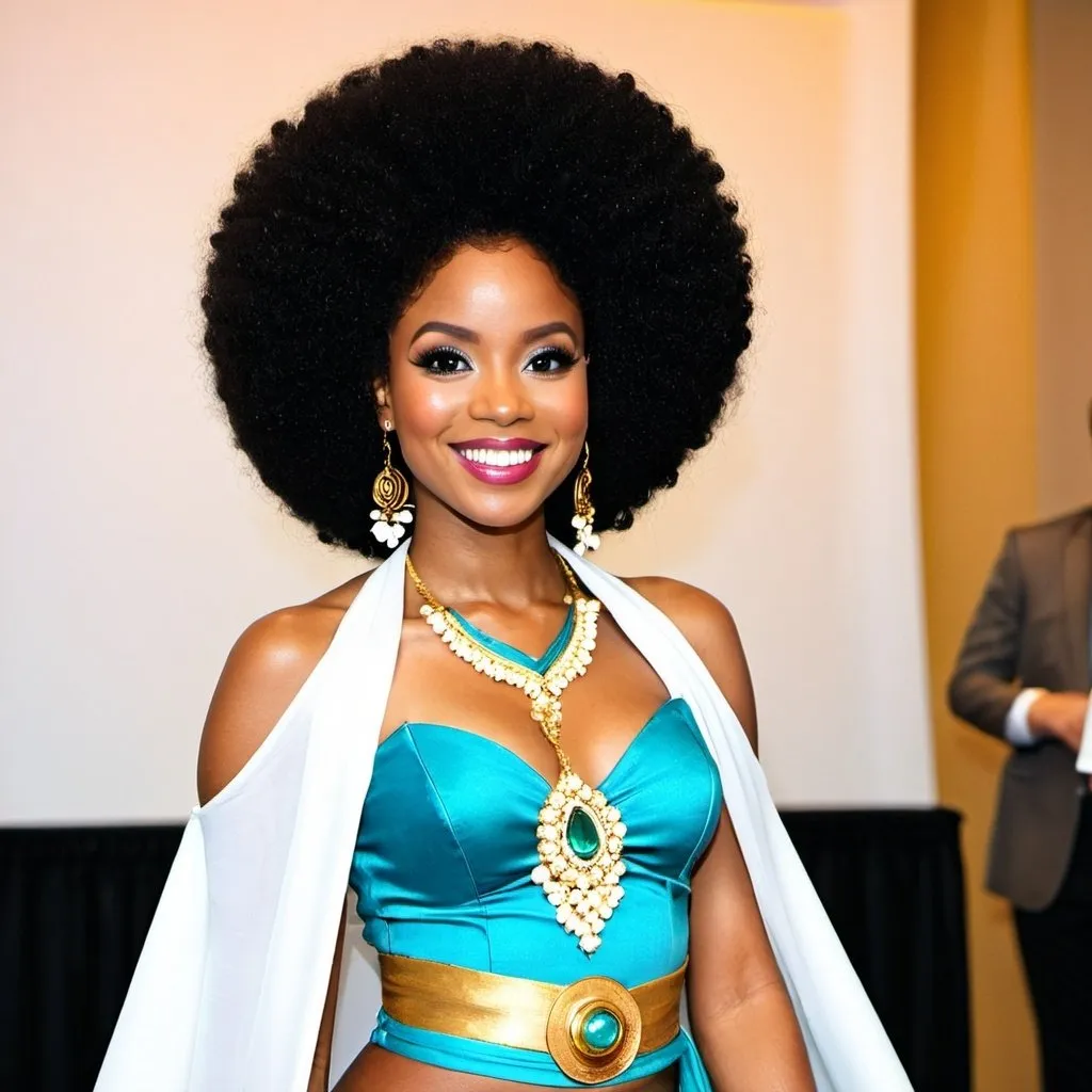 Prompt: Beautiful black woman dressed as Jasmine with an Afro at a fan convention smiling 