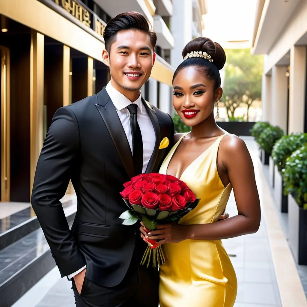 Prompt: Hyper realistic handsome Asian ma wearing a black suit and holding a bouquet of red roses smiling with a hyper realistic beautiful dark skin black woman smiling with long brown hair in a bun, yellow silk dress in front of luxurious hotel 
