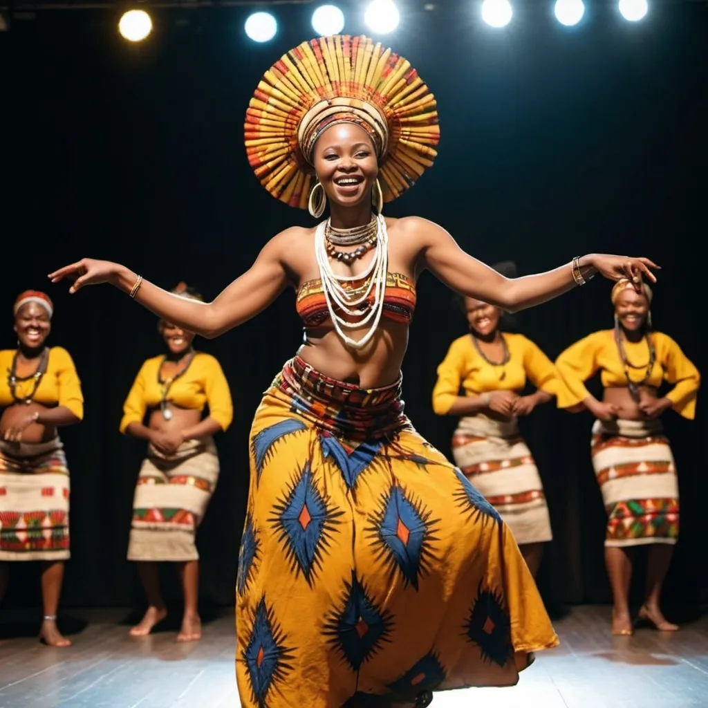 Prompt: Beautiful African lady happily dancing in tribal clothing on stage 