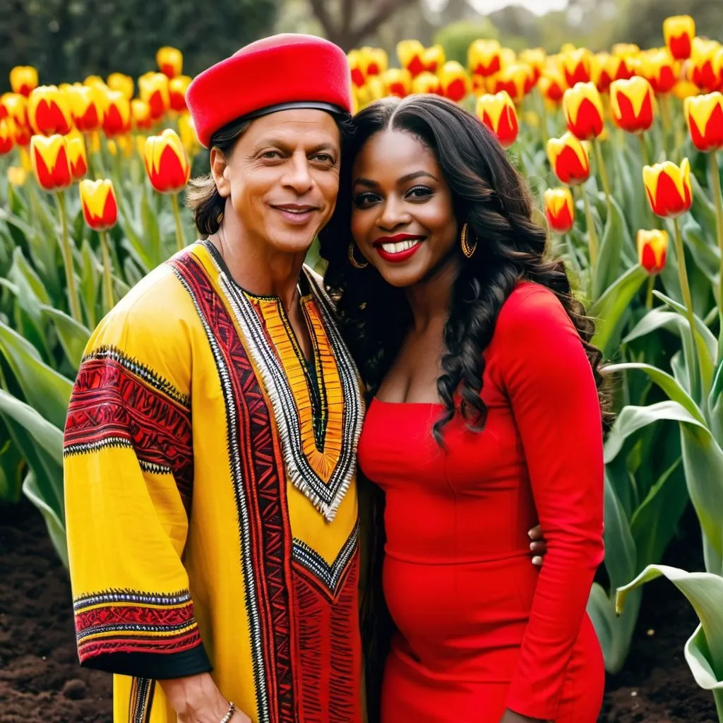 Prompt: Shahrukh Khan lovingly holding a beautiful dark skin black woman smiling coyly with a red zulu hat wearing a red dashiki dress in a yellow tulip filled garden.