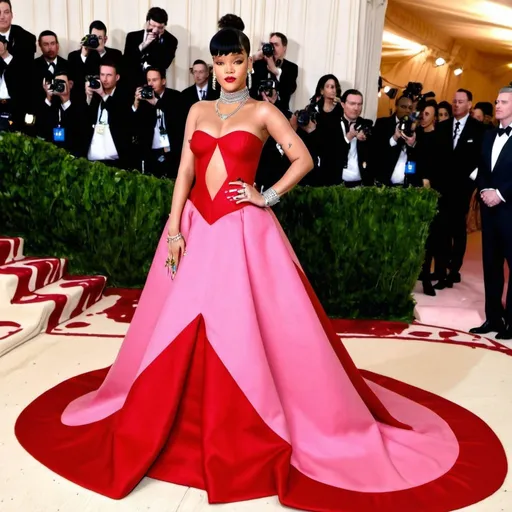 Prompt: Rihanna posing wearing a pink and red tulip inspired dress at the MET GALA red carpet 
