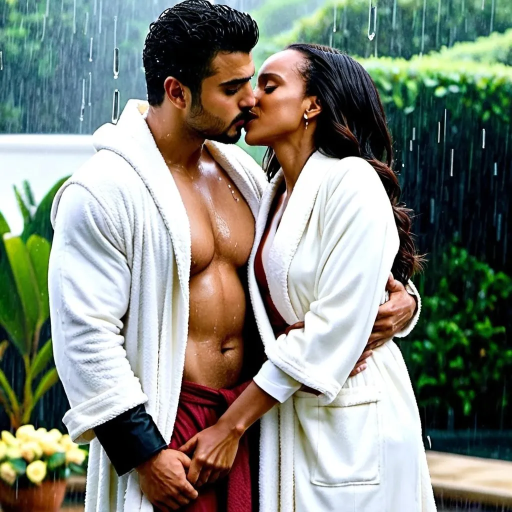 Prompt: Kerry Washington wearing a robe while  standing in the rain and Arjun Kapoor hugs her and tears off the robe from her body with both hands and kiss her chest 
