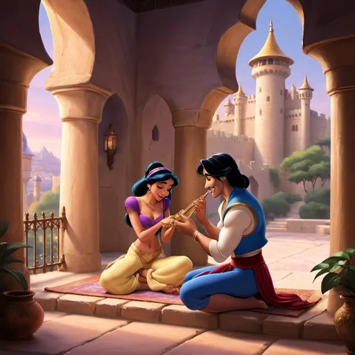 Prompt: Aladdin serenading Jasmine in a castle 