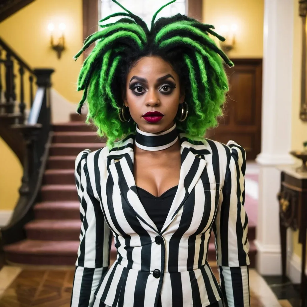 Prompt: Beautiful black woman  with green hair dressed as beetlejuice in a mansion foyer