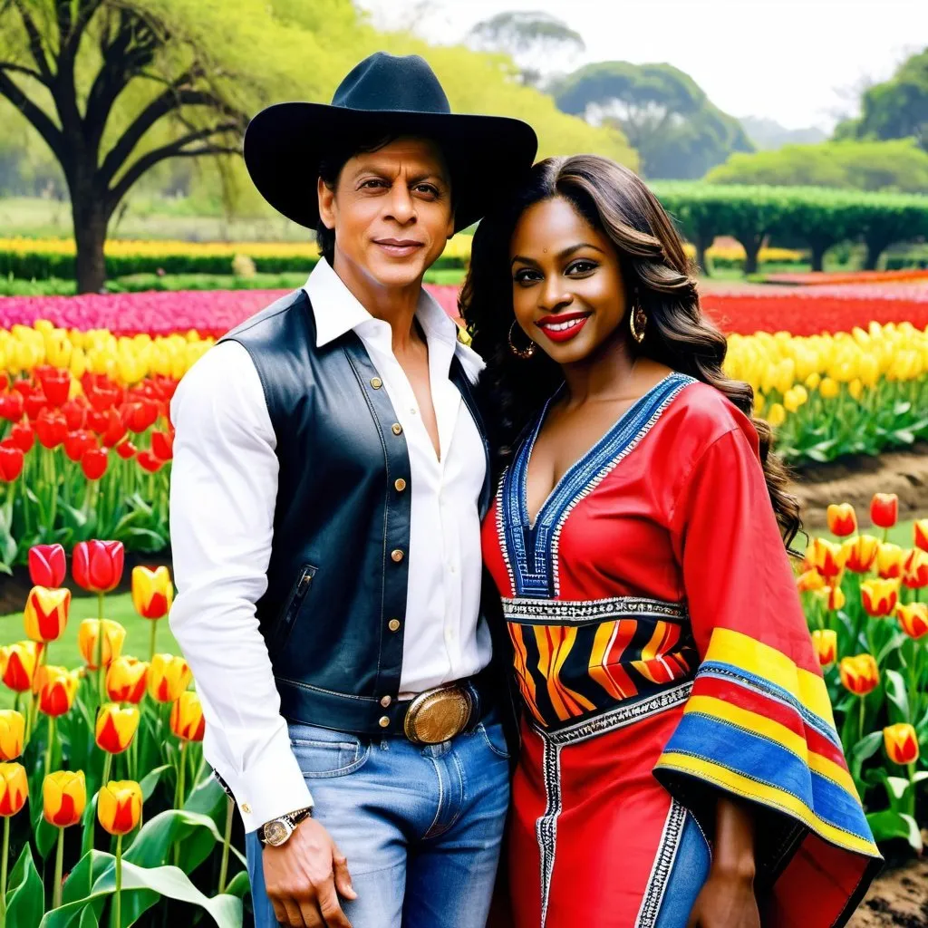 Prompt: <mymodel> Shahrukh Khan in a white shirt and blue denim jeans lovingly holding a beautiful dark skin black woman smiling coyly with a red zulu hat wearing a red dashiki dress in a yellow tulip filled garden.