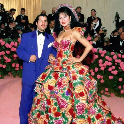 Prompt: Selena Quintanilla posing in a Mexican inspired flower dress on the MET GALA red carpet 