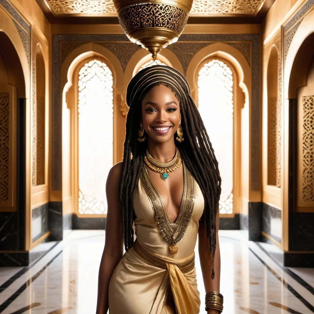 Prompt: Hyper realistic realistic black woman with long locs smiling dressed as Jasmine in an Arabian palace foyer