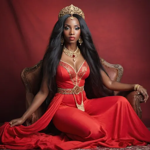 Prompt: Beautiful black woman with very long hair dressed as Jasmine in red clothes 
