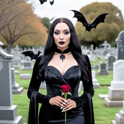 Prompt: Hyper feminine beautiful African woman dressed as Morticia Addams holding a rose wearing long silky black dress in a cemetery and bats flying in background 