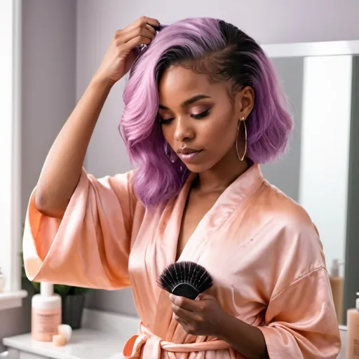 Prompt: Beautiful black woman with purple hair in a silk peach robe combing her hair in front of vanity 