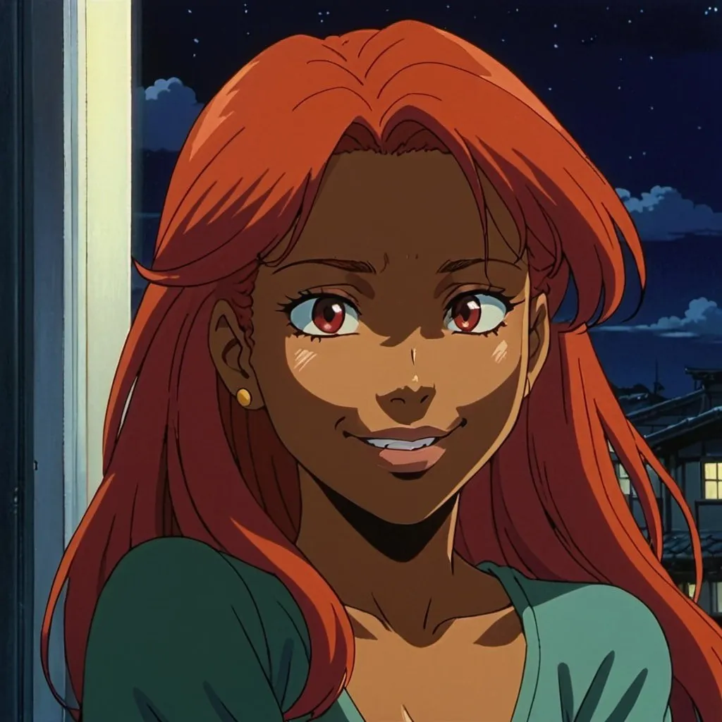 Prompt: 1990s anime screencap, smirking, bare, black woman with long red hair, looking through window at night, anime scene