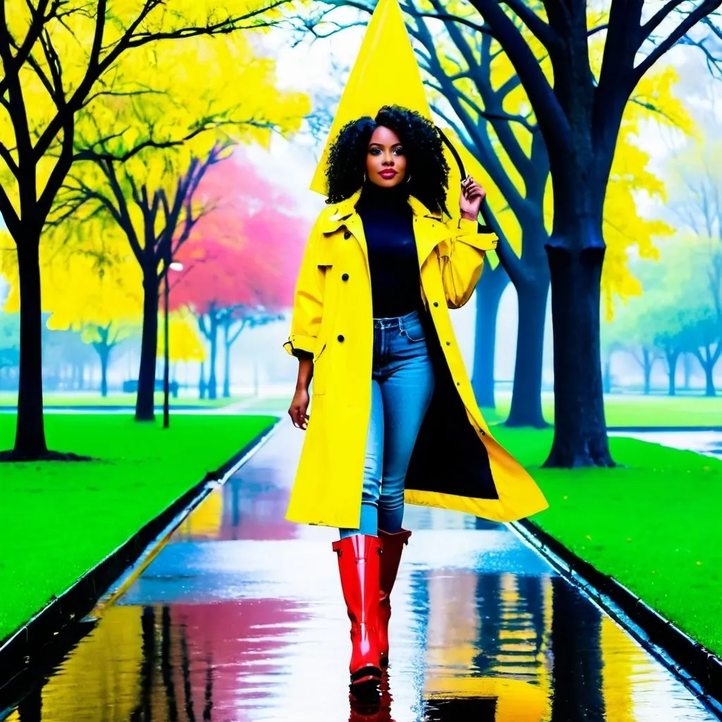 Prompt: Beautiful black woman with wavy hair wearing a yellow raincoat and red boots walking through a park in the rain 