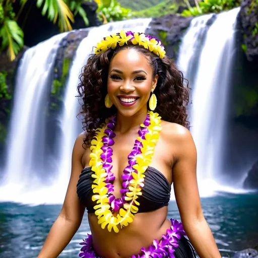 Prompt: Beautiful black woman smiling, winks and poses with purple and yellow leis chest out and hula in front of a Hawaiian waterfall 