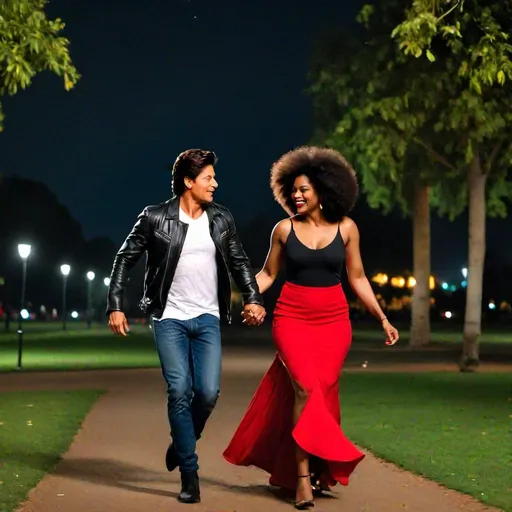 Prompt: Shahrukh Khan in white shirt and blue jeans running holding hands lovingly a beautiful black woman smiling with an afro in a black leather jacket and red maxi dress in park at night 