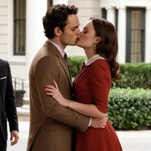 Prompt: Blair Waldorf wearing a red swing dress and Dan Humphrey in a brown blazer, white collar shirt kissing in front of luxurious hotel 