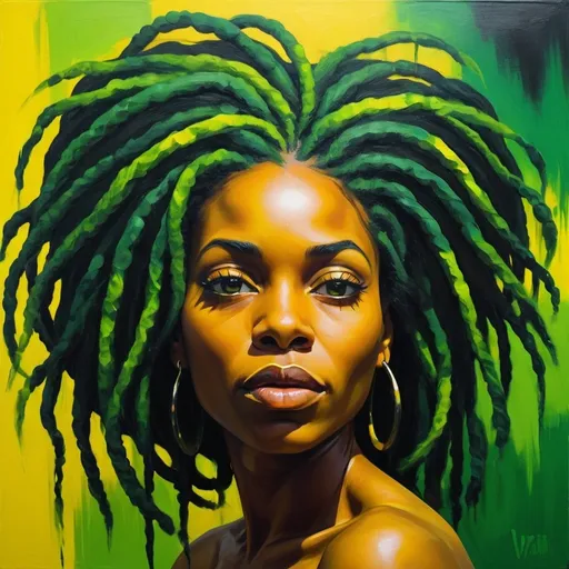 Prompt: Black woman with locs Woman with yellow/ green colorscape, abstract art, vibrant brush strokes, high contrast, oil painting, flowing hair, intense gaze, surreal atmosphere, best quality, vibrant, abstract, oil painting, high contrast, intense gaze, surreal, flowing hair, professional, atmospheric lighting