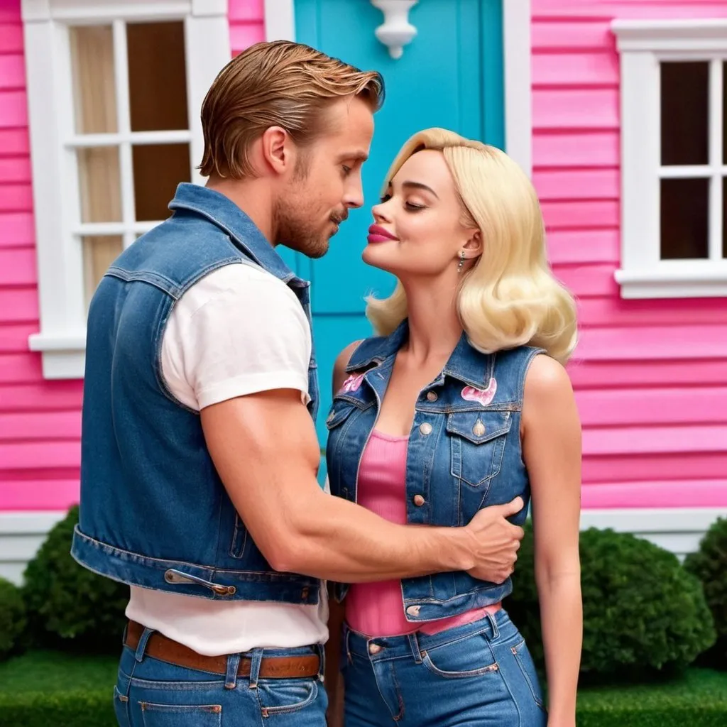 Prompt: Margot Robbie wearing a pink tube dress and Ryan Gosling wear an open blue denim vest and blue denim jeans in kissing in front of Barbie dream house 