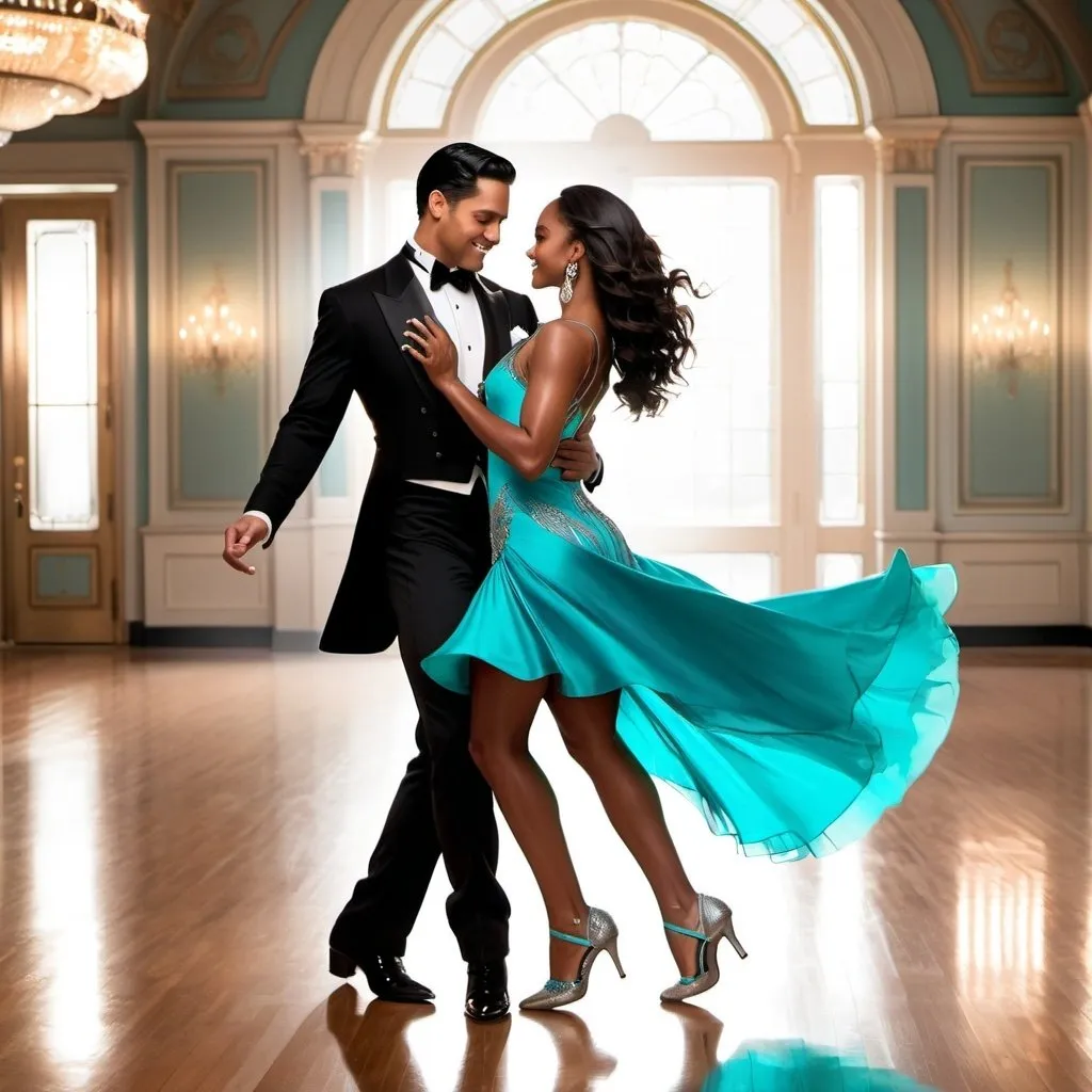 Prompt: A handsome Latino man in a grey tuxedo with slick black hair dancing with a beautiful black woman with long brown hair,  turquoise dress and silver heels in a Victorian style ballroom happily realistic 