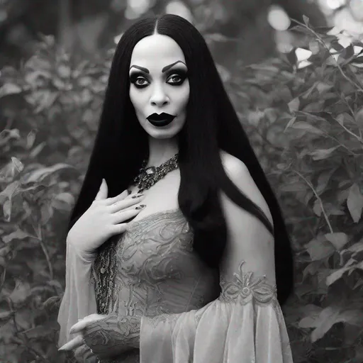 Prompt: Beautiful black woman dressed as morticia addams