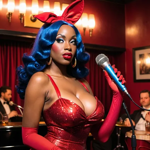 Prompt: A beautiful black woman dressed as Jessica Rabbit in a jazz club holding a microphone 