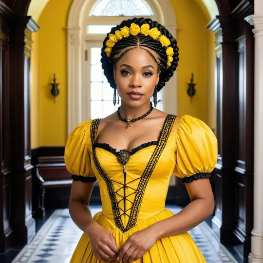Prompt: A beautiful black woman with black braided Grecian hair wearing a yellow Victorian dress in a Victorian foyer