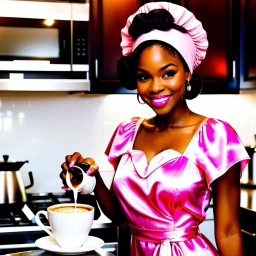 Prompt: Beautiful black woman smirking in a pink silk dress wearing a bonnet pouring coffee in a kitchen 
